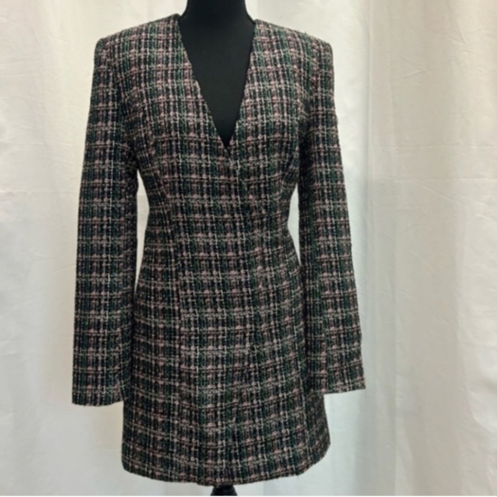 Zara multicoloured metallic tweed V-neck long sleeve faux wrap mini dress